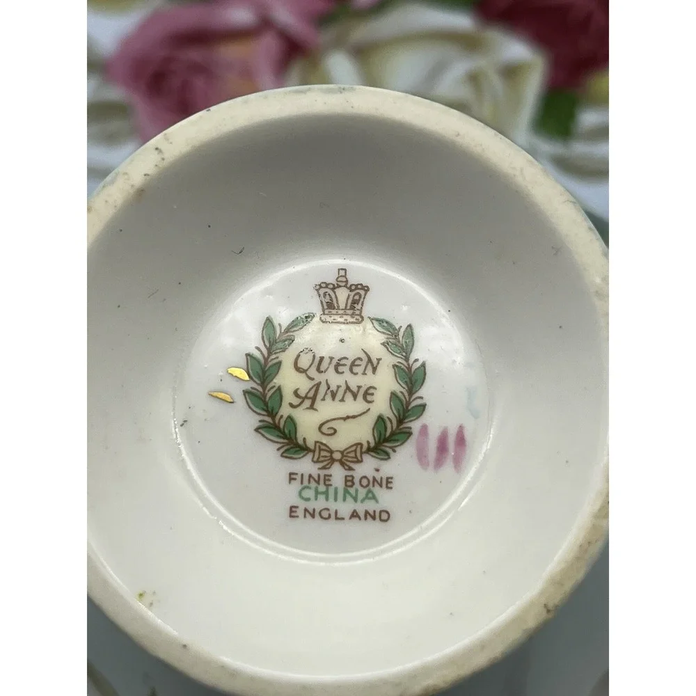 Vintage Queen ANNE Blue CABBAGE ROSE Cup & Saucer Set of 2